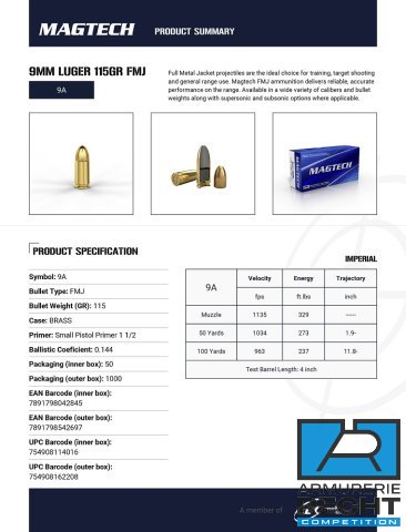 CARTOUCHES MAGTECH 9MM LUGER 115GR FMJ